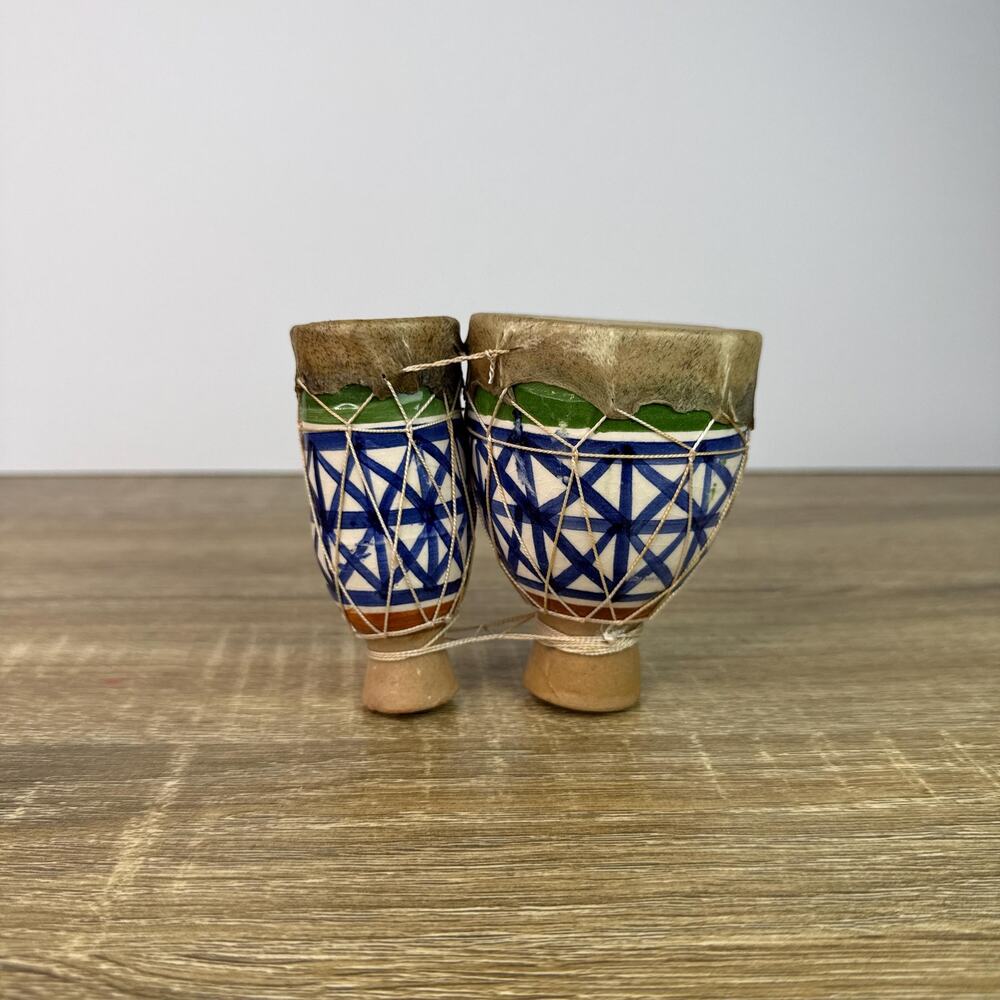 Vintage Hand-Painted Moroccan Tam-Tam Drums – Double Bongos Folk Art Miniature